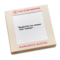 Gift box from Five Star Napkins' Margarita quote collection, showing an organic cotton cocktail napkin printed with the quote "Margaritas are cheaper than therapy"