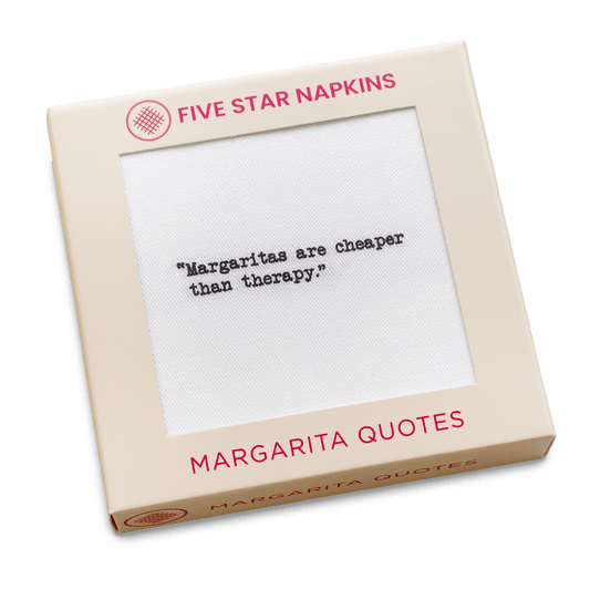 Gift box from Five Star Napkins' Margarita quote collection, showing an organic cotton cocktail napkin printed with the quote "Margaritas are cheaper than therapy"