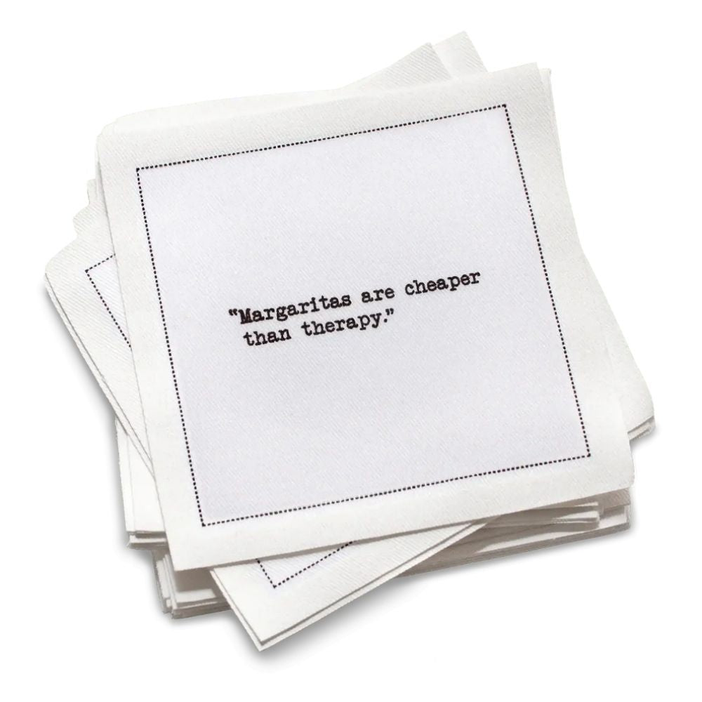 Five Star Napkins' Margarita quote collection, showing an organic cotton cocktail napkin printed with the quote "Margaritas are cheaper than therapy"