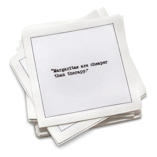  Five Star Napkins' Margarita quote collection, showing an organic cotton cocktail napkin printed with the quote "Margaritas are cheaper than therapy"