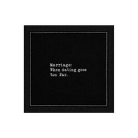 Five Star Napkins Black Cotton Cocktail Napkins, singular black square cocktail napkins close up, 100% Organic Cotton, 4.5" x 4.5", Single Use, 50 Units Per Pack with 25 Unique Marriage Quotes