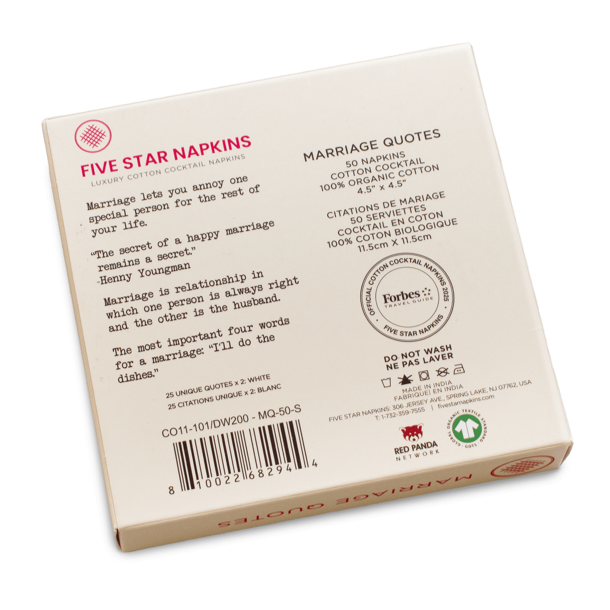 Back of Five Star Napkins Marriage Quotes box featuring sample funny marriage sayings and product details for 50 white organic cotton cocktail napkins.