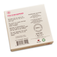 Back of Five Star Napkins Marriage Quotes box featuring sample funny marriage sayings and product details for 50 white organic cotton cocktail napkins.