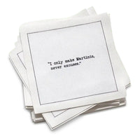 Organic cotton cocktail napkin printed with the quote "I never met a Gin Martini I didn't like," styled with olives, open-face salmon toasts, and a martini glass, from Five Star Napkins' Martini quote collection