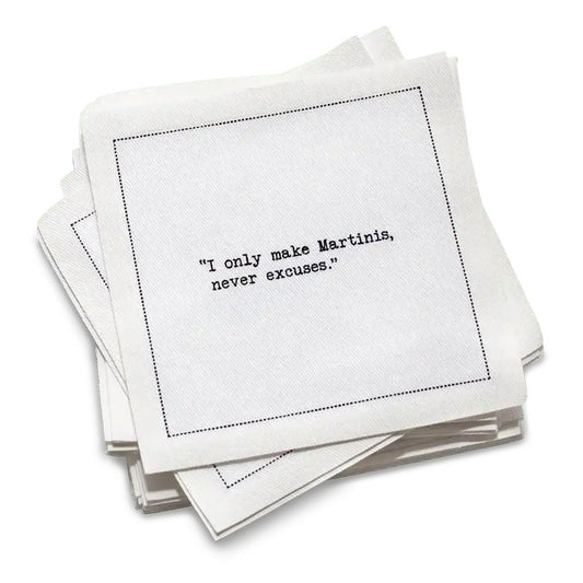 Organic cotton cocktail napkin printed with the quote "I never met a Gin Martini I didn't like," styled with olives, open-face salmon toasts, and a martini glass, from Five Star Napkins' Martini quote collection