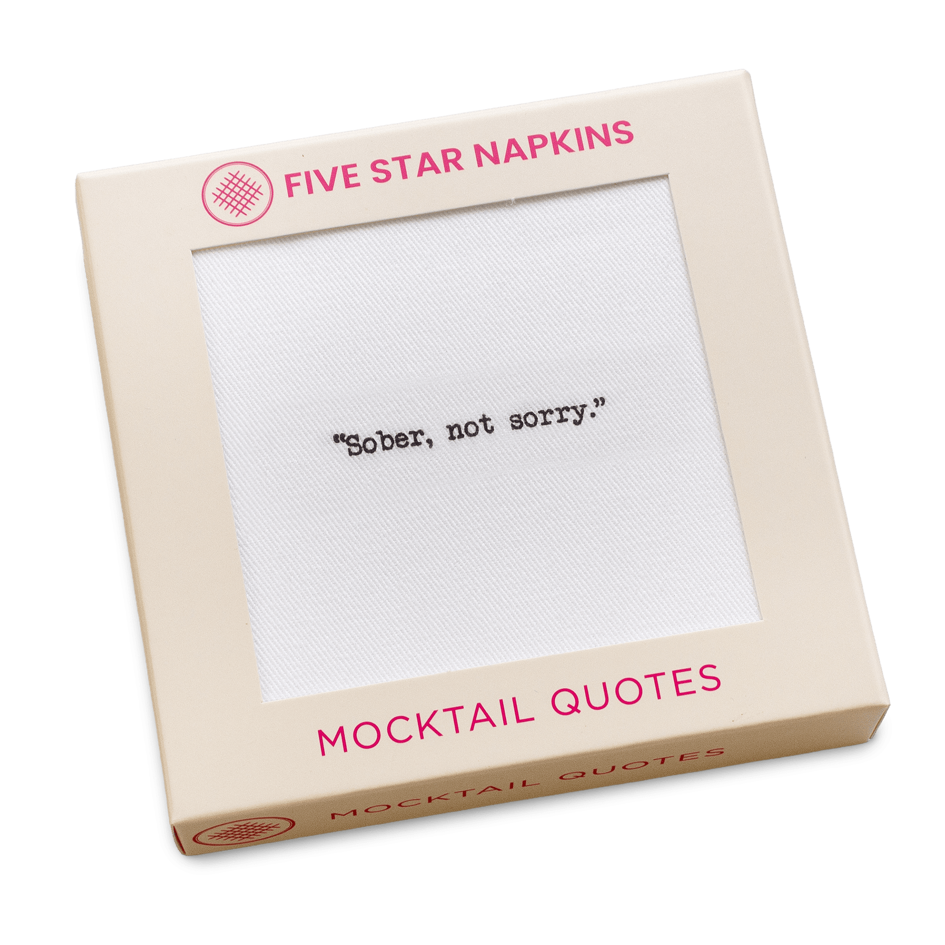 Gift box from Five Star Napkins' Mocktail quote collection, showing an organic cotton cocktail napkin printed with the quote "Sober, not sorry"