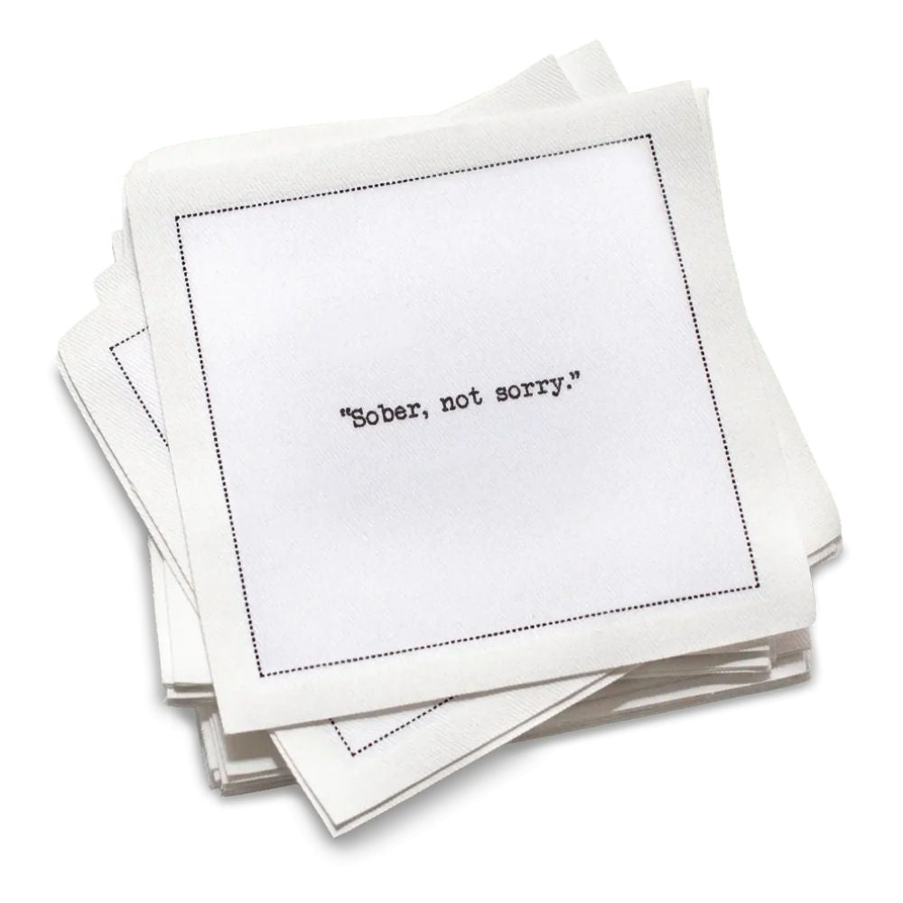  Five Star Napkins' Mocktail quote collection, showing an organic cotton cocktail napkin printed with the quote "Sober, not sorry"