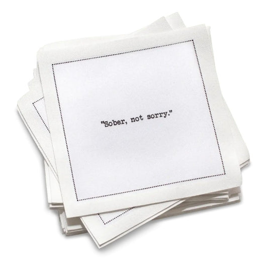  Five Star Napkins' Mocktail quote collection, showing an organic cotton cocktail napkin printed with the quote "Sober, not sorry"