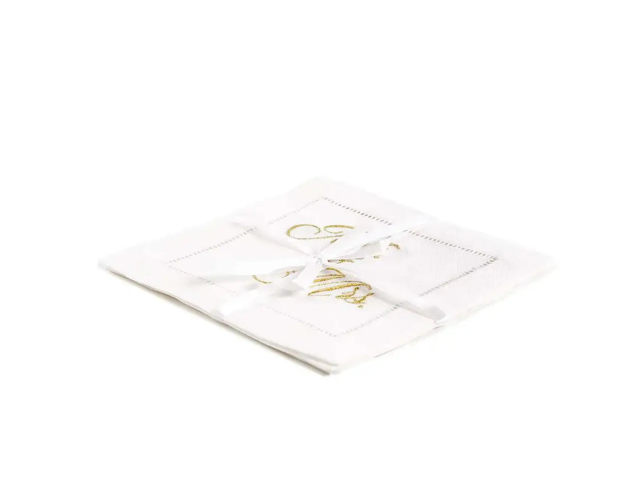 Stack of organic cotton cocktail napkins embroidered with “Mr. & Mrs.” in gold script, tied with a white ribbon, by Five Star Napkins.