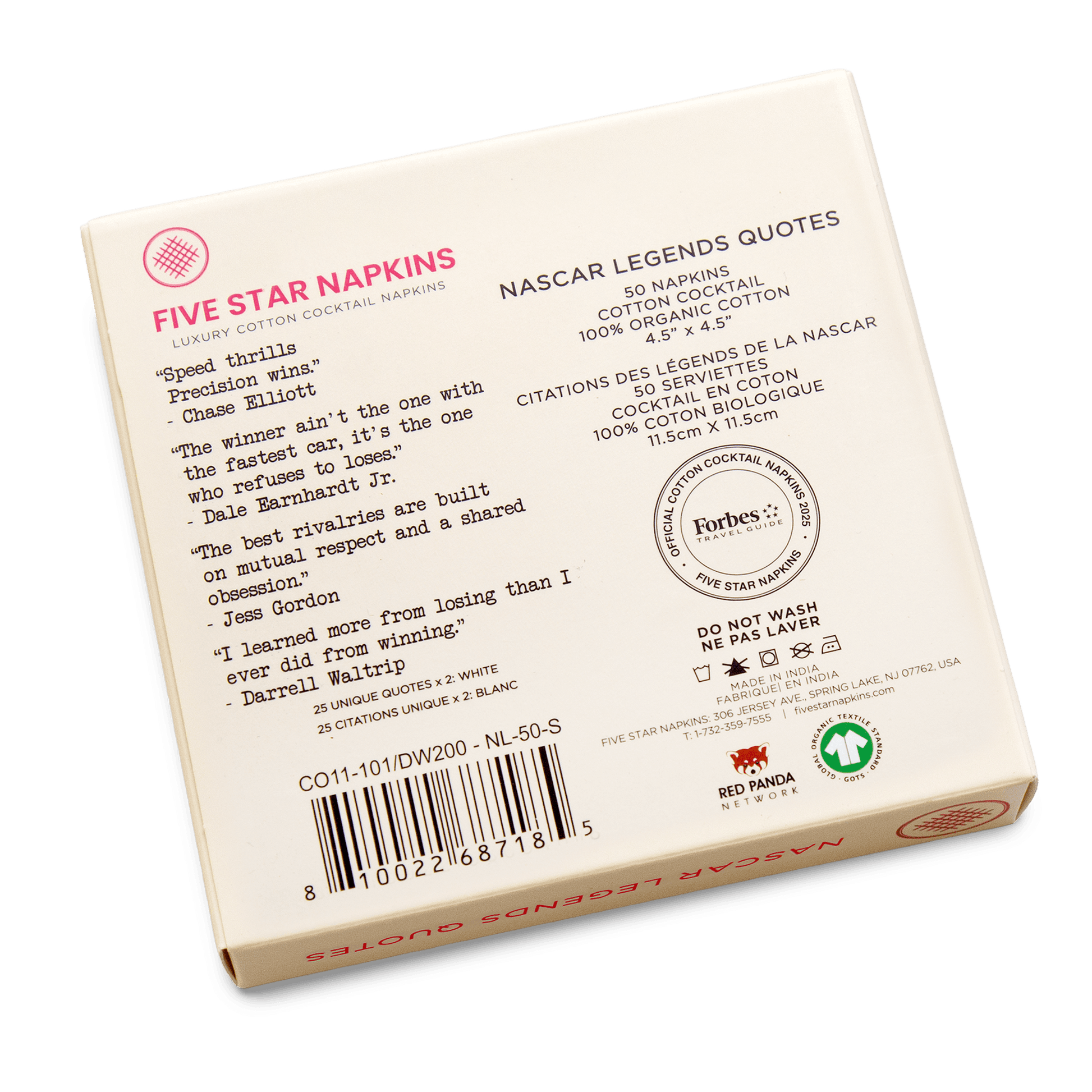 Back of Five Star Napkins box showing NASCAR Legends quotes and organic cotton details