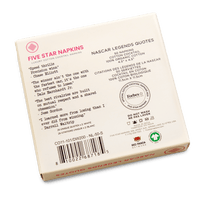 Back of Five Star Napkins box showing NASCAR Legends quotes and organic cotton details