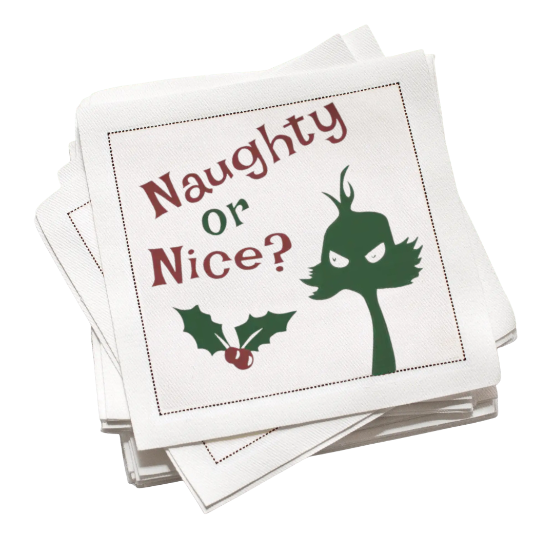 Holiday luxury cocktail napkin with 'Naughty or Nice?' and festive green character design.