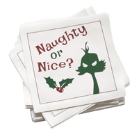 Holiday luxury cocktail napkin with 'Naughty or Nice?' and festive green character design.