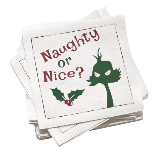 Holiday luxury cocktail napkin with 'Naughty or Nice?' and festive green character design.