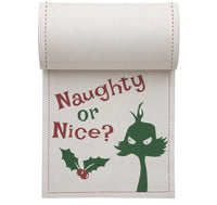Organic cotton cocktail napkin with 'Naughty or Nice?' quote, holly and green character graphic.