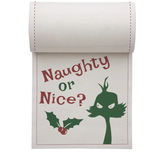 Organic cotton cocktail napkin with 'Naughty or Nice?' quote, holly and green character graphic.