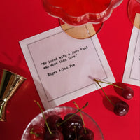 Five Star Napkins White Cotton Cocktail Napkins, singular white square cocktail napkins with pink background and cherries, 100% Organic Cotton, 4.5" x 4.5", Single Use, 50 Units Per Pack with 25 Unique Love Quotes