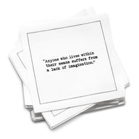 Organic cotton cocktail napkin with black dotted border printed with the quote "Anyone who lives within their means suffers from a lack of imagination," from Five Star Napkins' Oscar Wilde quote collection