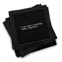 Organic cotton cocktail napkin, black, with white dotted border printed with the quote "I can resist everything except temptation," from Five Star Napkins' Oscar Wilde quote collection
