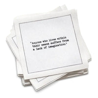 Organic cotton cocktail napkin, white, with black dotted border printed with the quote "I can resist everything except temptation," from Five Star Napkins' Oscar Wilde quote collection