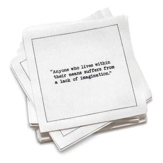 Organic cotton cocktail napkin, white, with black dotted border printed with the quote "I can resist everything except temptation," from Five Star Napkins' Oscar Wilde quote collection