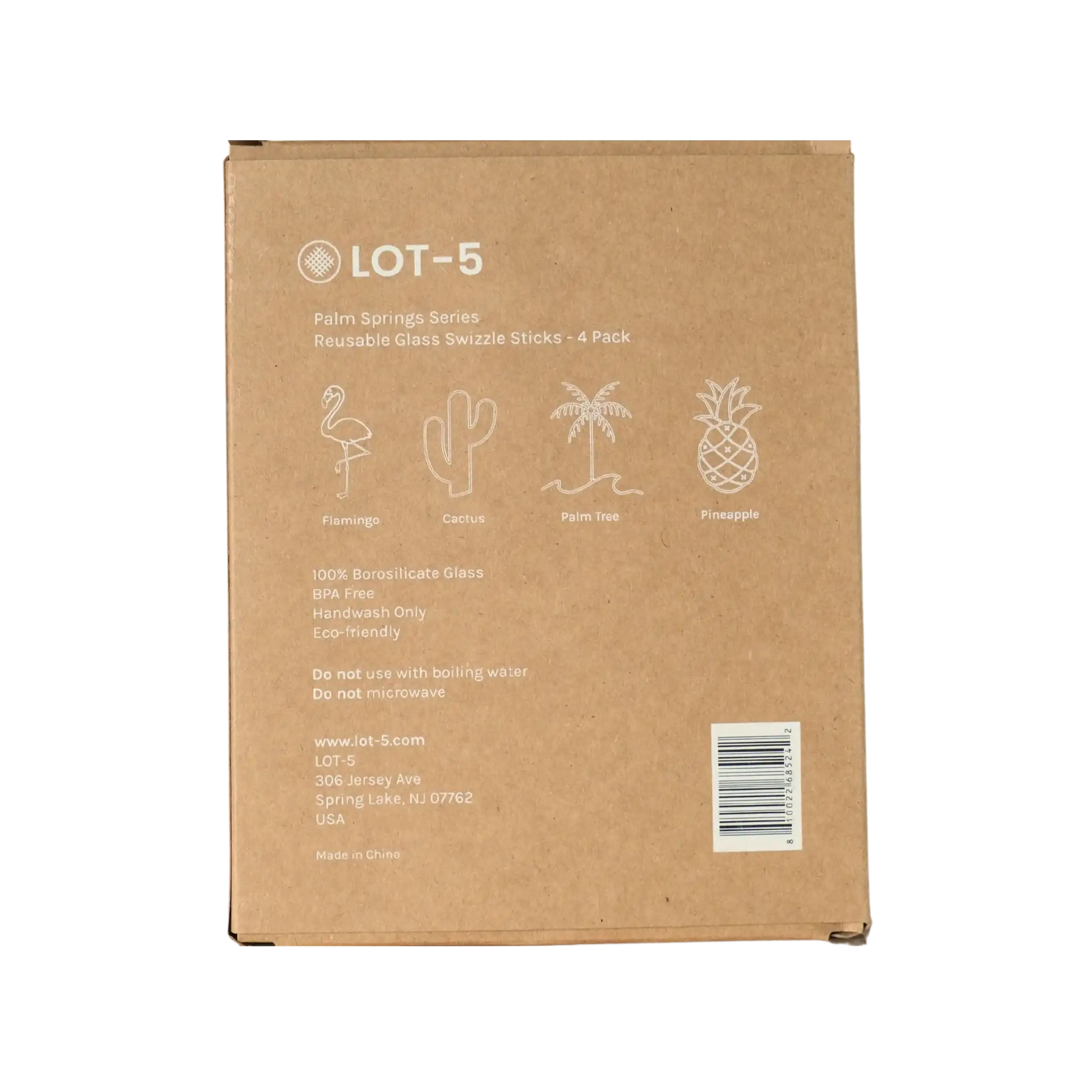 Back of the Palm Springs Series glass swizzle sticks box, showing flamingo, cactus, palm tree, and pineapple designs and care instructions.