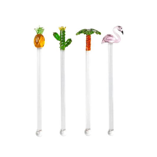 Four glass swizzle sticks topped with pineapple, cactus, palm tree, and flamingo designs, by Five Star Napkins.