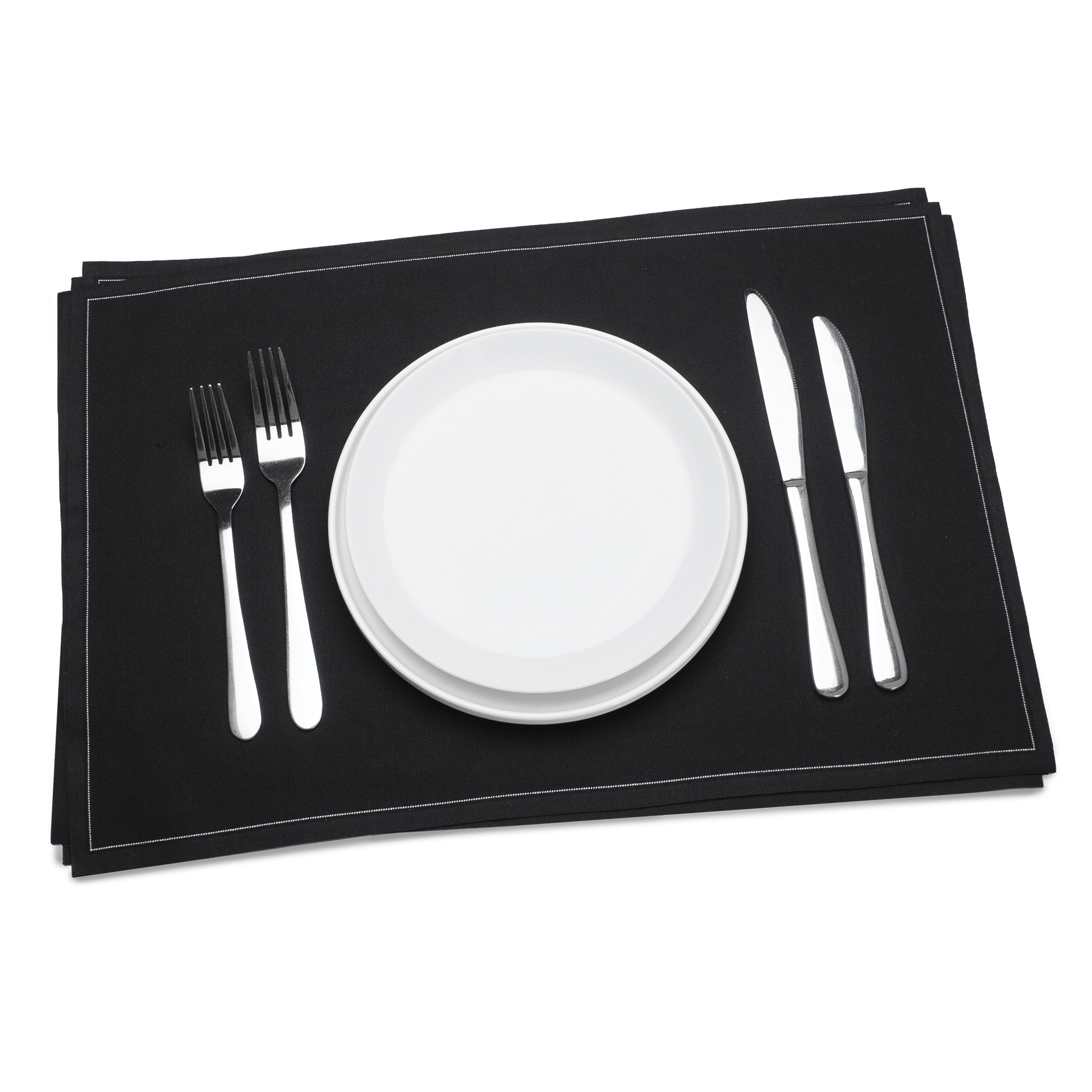 Black luxury placemat with white plate and silver cutlery set, Five Star Napkins