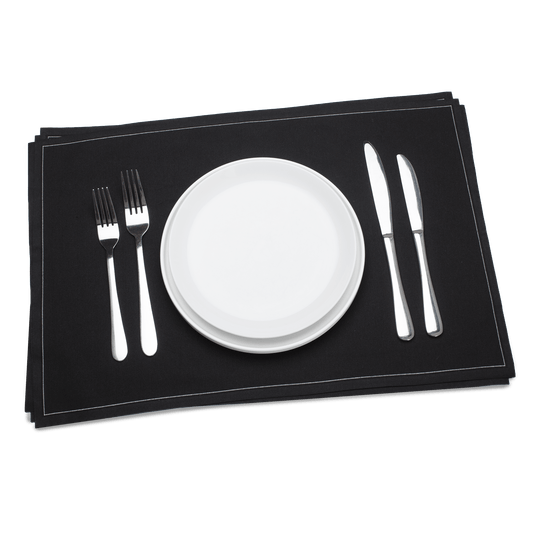 Black luxury placemat with white plate and silver cutlery set, Five Star Napkins