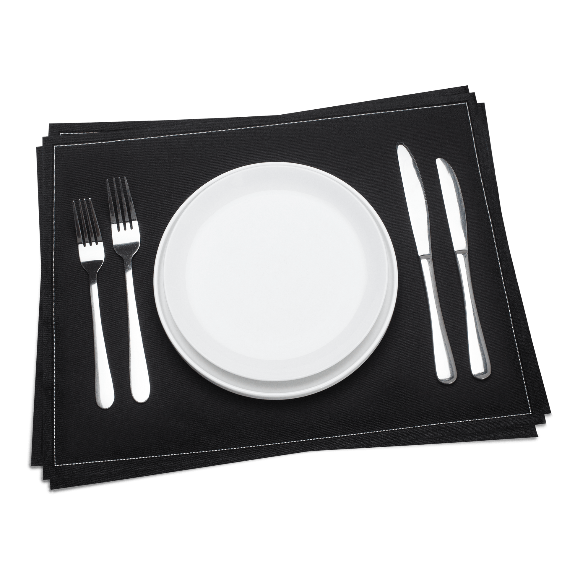 Luxury black cotton placemat with white plate and silver cutlery, Five Star Napkins