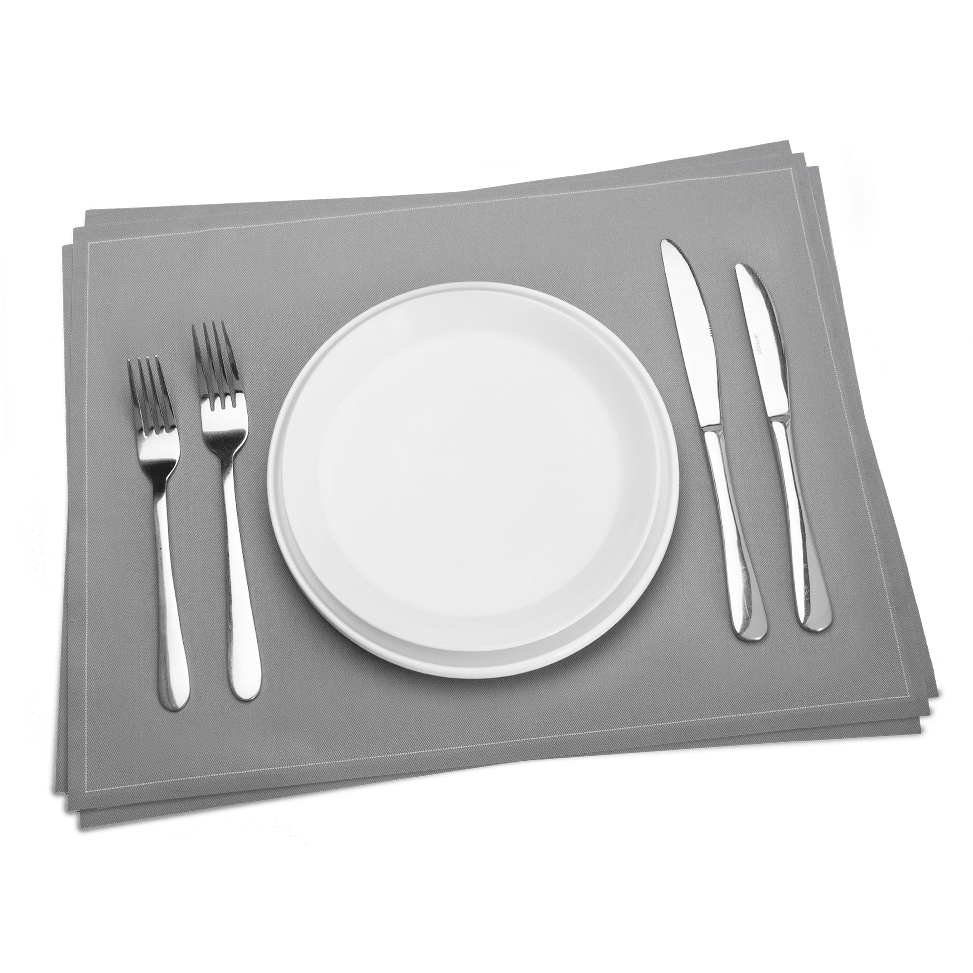 Grey luxury placemat with white plate and silver cutlery, Five Star Napkins dining setup