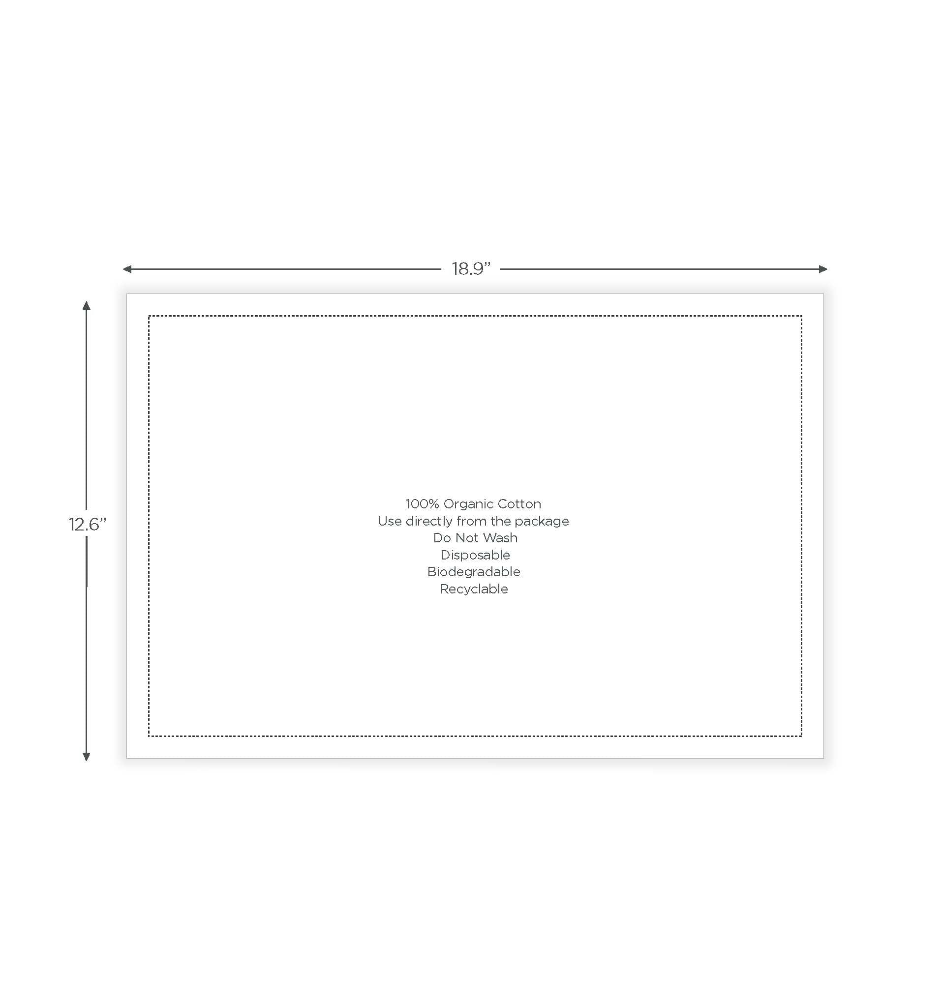 White organic cotton placemat with stitched border, 18.9 x 12.6 inches, care instructions shown
