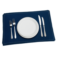 Luxury navy blue organic cotton placemat with white plate and silver cutlery set