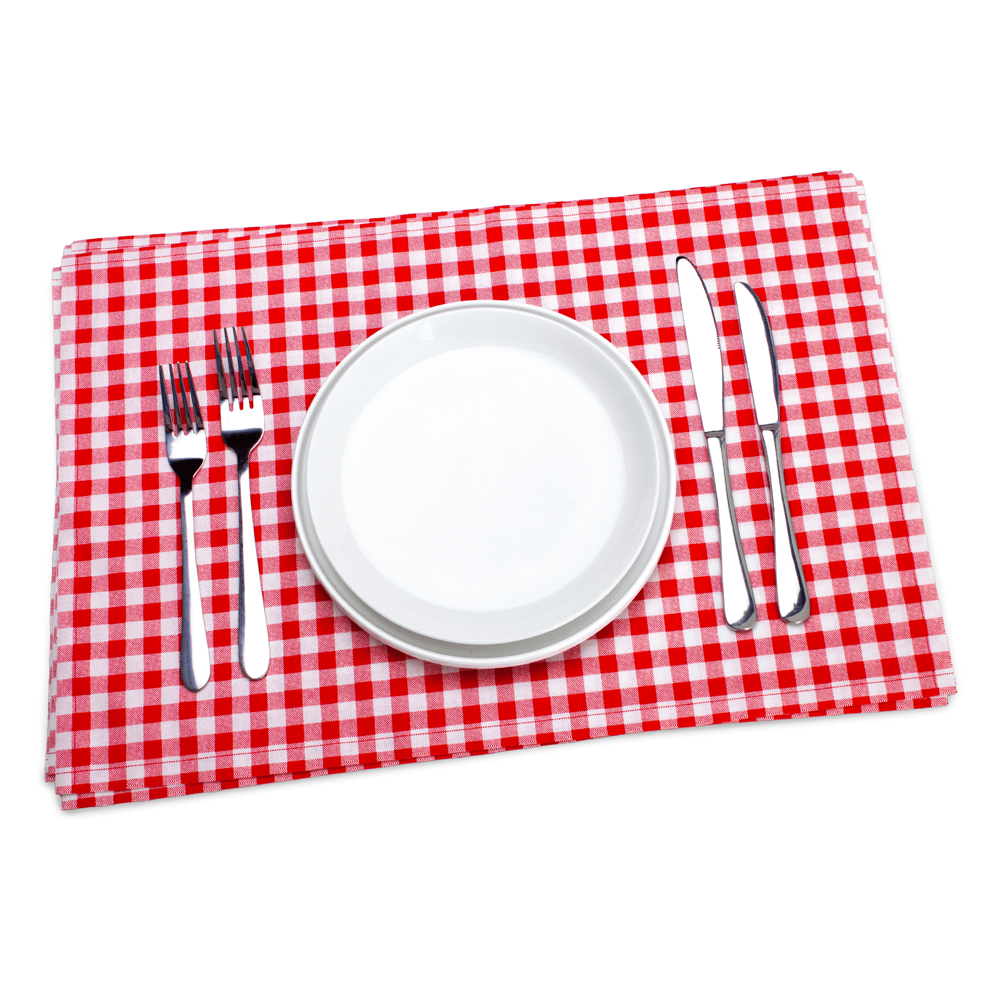 Red gingham cotton placemat with white plate and cutlery, luxury table setting