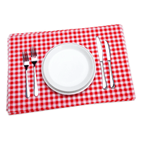 Red gingham cotton placemat with white plate and cutlery, luxury table setting