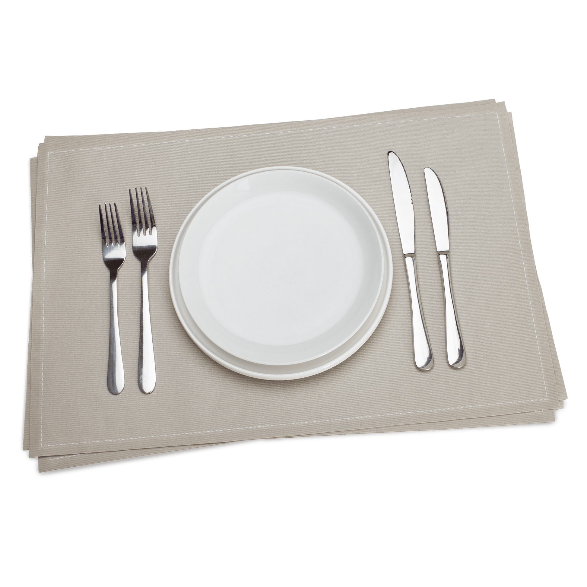 Luxury sand-colored cotton placemats with plate and silverware, Five Star Napkins