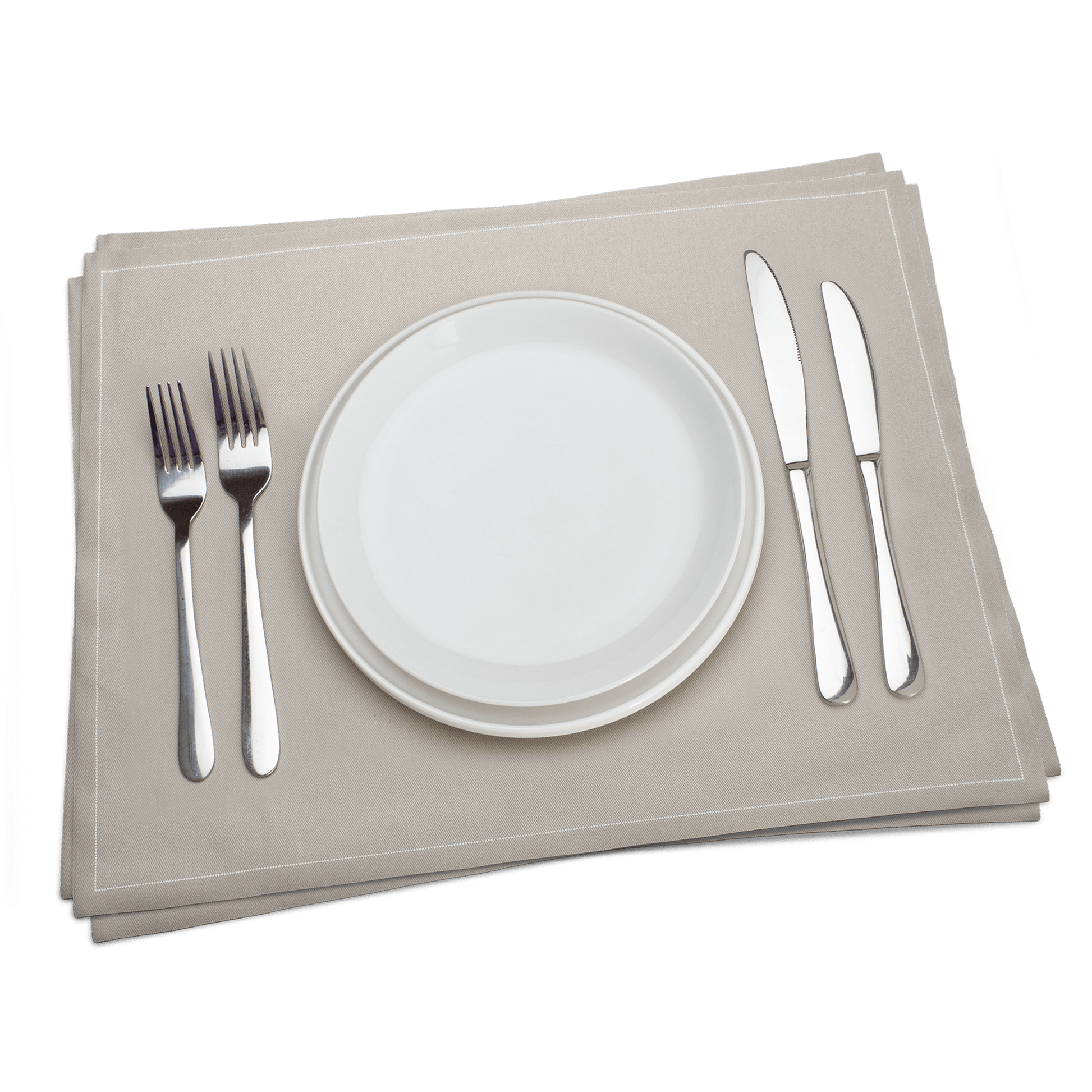 Luxury sand-colored cotton placemat with white plate and silverware, Five Star Napkins