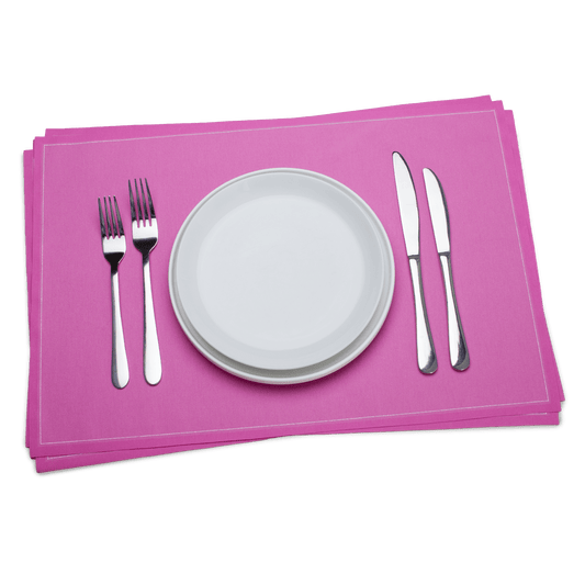 Pink luxury placemat with white plate and silver cutlery, Five Star Napkins stylish tableware