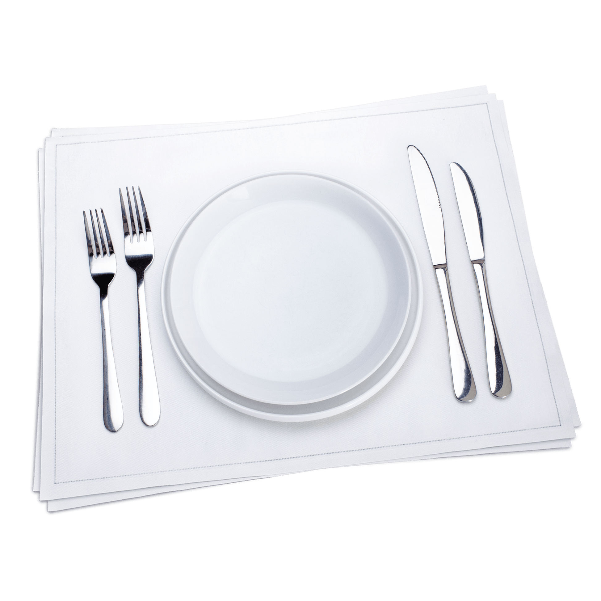 Elegant white luxury placemat with plate, silverware, and forks from Five Star Napkins