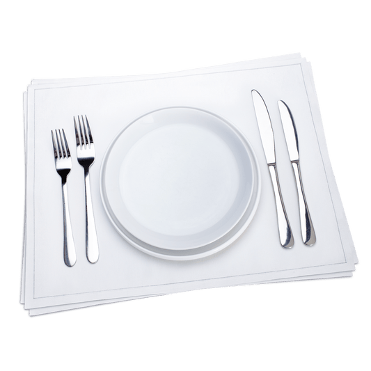 Elegant white luxury placemat with plate, silverware, and forks from Five Star Napkins