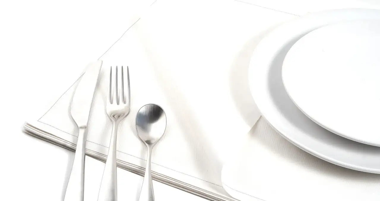 Five Star Napkins White Single-use Cotton Placemat Napkins, detail of table setting with silverware and plates, 18.9" x 12.6", Pack of 50 with 25 unique quotes