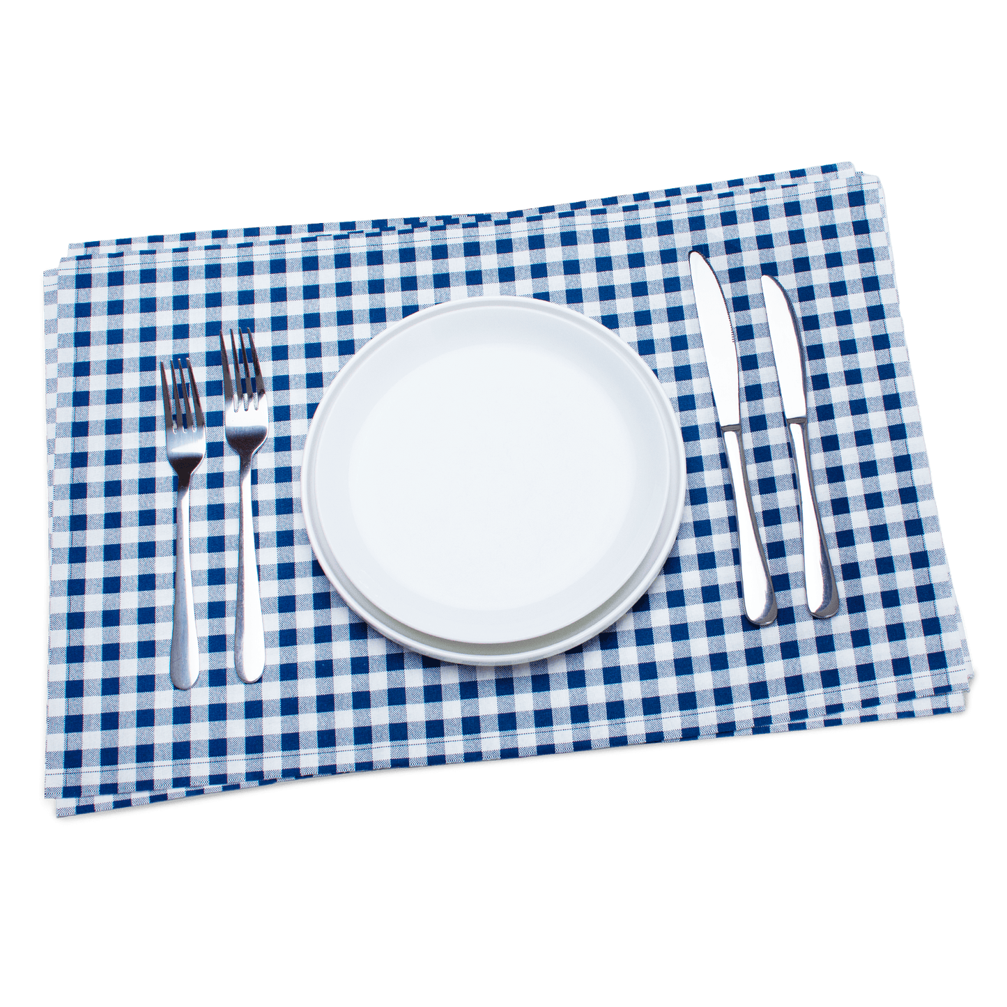 Navy blue and white checkered cotton placemat with formal table setting including white plate, silver forks and knives — perfect for elegant dining or casual entertaining.