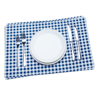 Navy blue and white checkered cotton placemat with formal table setting including white plate, silver forks and knives — perfect for elegant dining or casual entertaining.