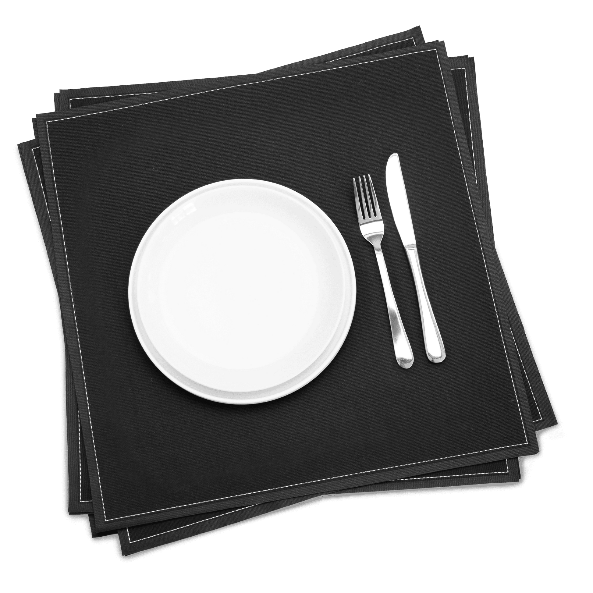 Black luxury cotton dinner napkins with white plate, fork, and knife, elegant table setting.