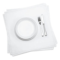 Stack of white premium organic cotton dinner napkins with a white plate, fork, and knife, by Five Star Napkins.