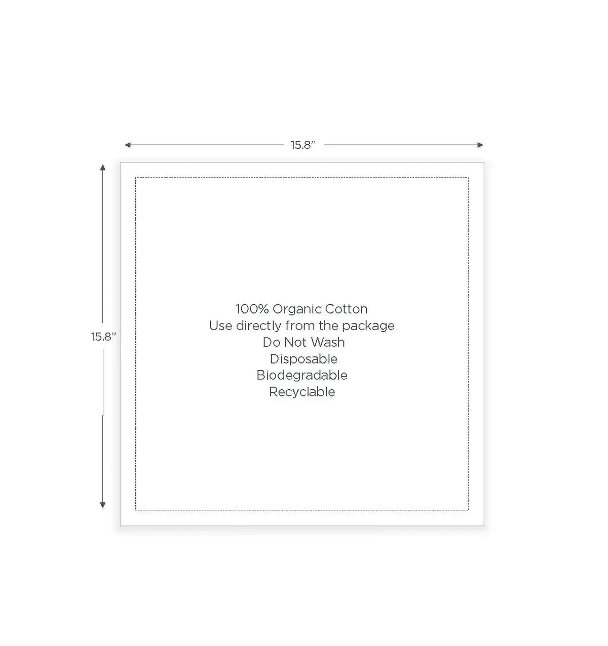White organic cotton napkin, 15.8 x 15.8 inches, with usage and care instructions printed.