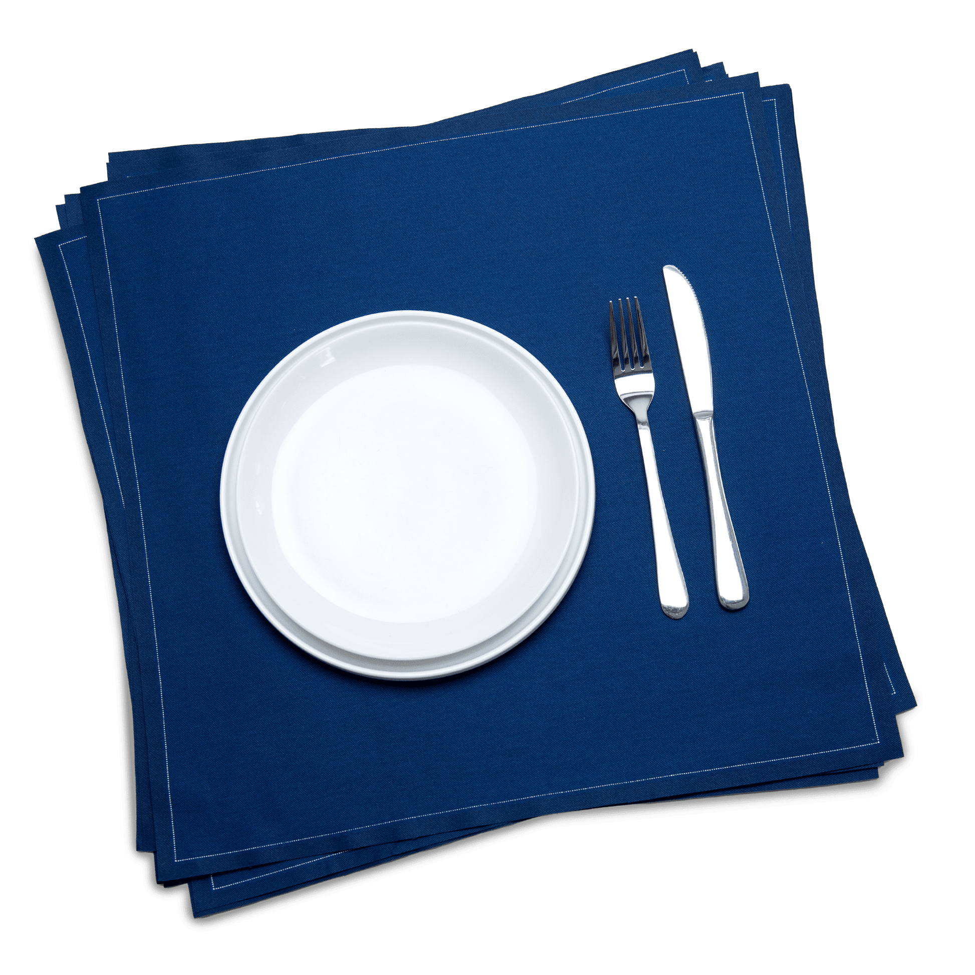 Midnight blue organic cotton dinner napkins with white plate and silverware, luxury table setting