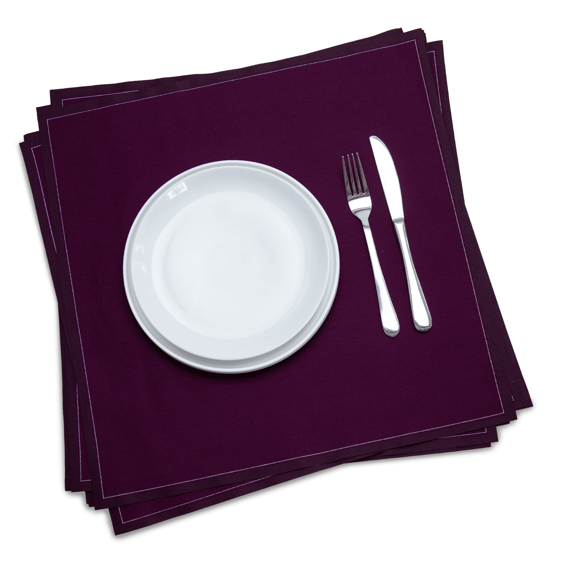 Luxury organic cotton dinner napkins in deep beet color with white plate and silverware