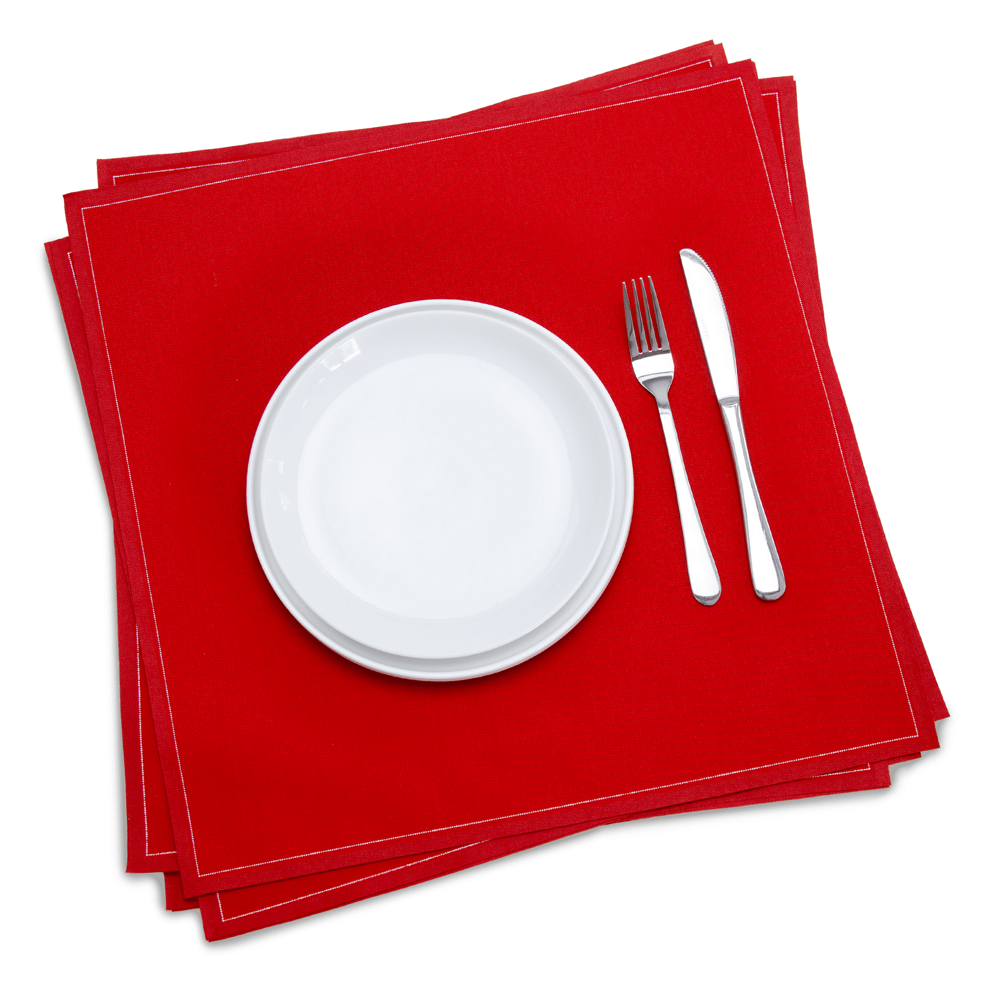 Red luxury organic cotton dinner napkins with white plate and silverware, Five Star Napkins