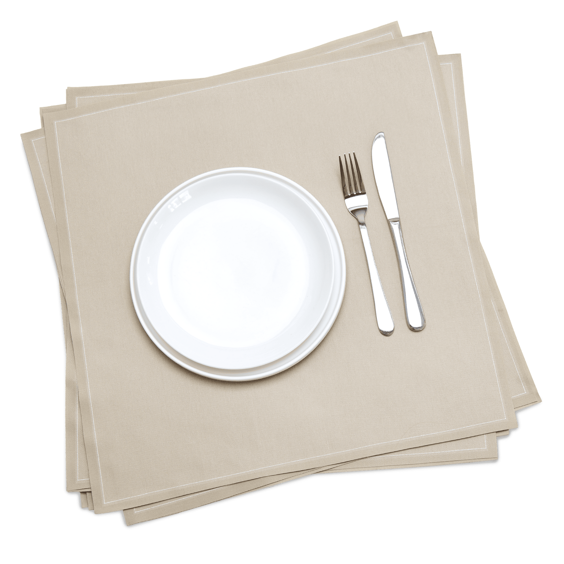 Beige organic cotton dinner napkins set with white plate, fork and knife, Five Star Napkins